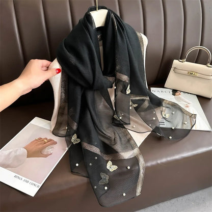 Headkerchief Thin Silk Scarf Pearl Foulard Butterfly Embroidery Scarf Wraps Large Women Hijab Shawls Spring and Autumn