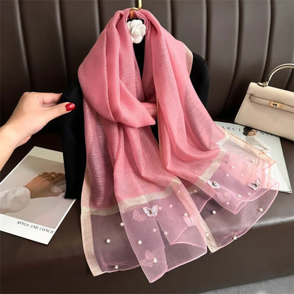 Headkerchief Thin Silk Scarf Pearl Foulard Butterfly Embroidery Scarf Wraps Large Women Hijab Shawls Spring and Autumn