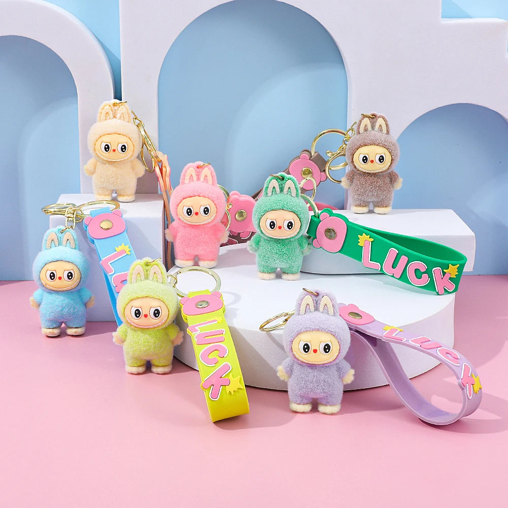 Labubu Flocked Key Ring Doll with Silicone "Luck" Charm