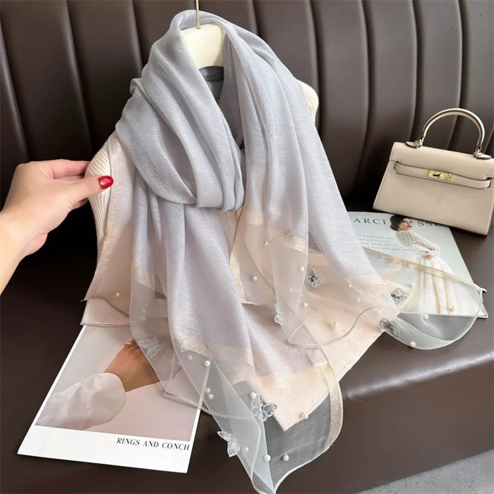 Headkerchief Thin Silk Scarf Pearl Foulard Butterfly Embroidery Scarf Wraps Large Women Hijab Shawls Spring and Autumn