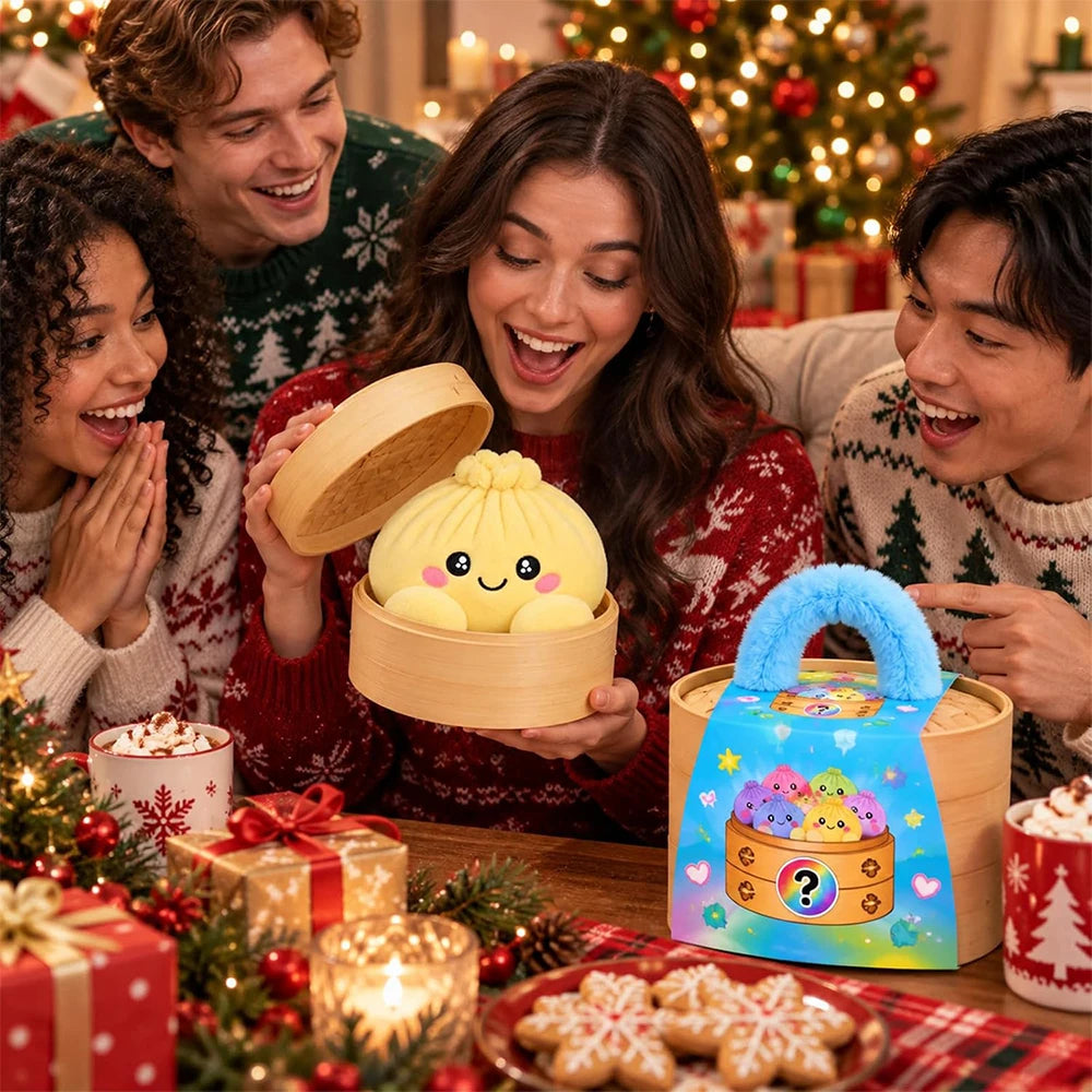 Plush Stuffed Dumpling Squishies with Steamer, Soft Christmas Bao Bun Stress Balls, Squishies Fidget Toys for Adults Kids
