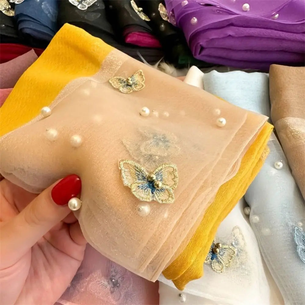 Headkerchief Thin Silk Scarf Pearl Foulard Butterfly Embroidery Scarf Wraps Large Women Hijab Shawls Spring and Autumn