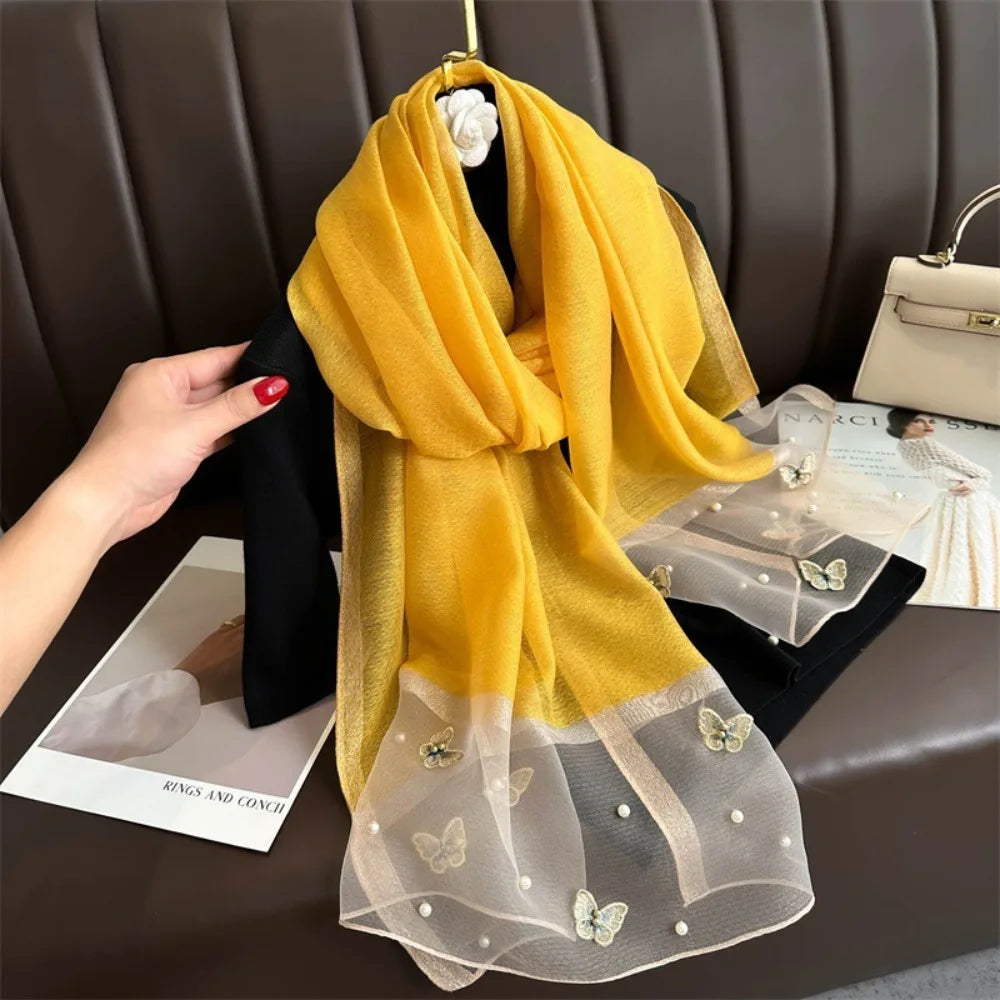 Headkerchief Thin Silk Scarf Pearl Foulard Butterfly Embroidery Scarf Wraps Large Women Hijab Shawls Spring and Autumn