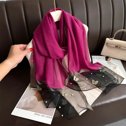 Headkerchief Thin Silk Scarf Pearl Foulard Butterfly Embroidery Scarf Wraps Large Women Hijab Shawls Spring and Autumn