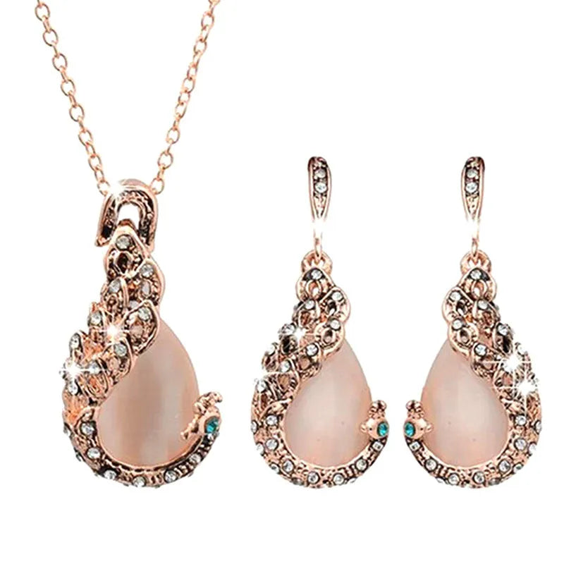 Rhinestone Waterdrop Pendant Necklace + Hook Earrings Jewellery Set