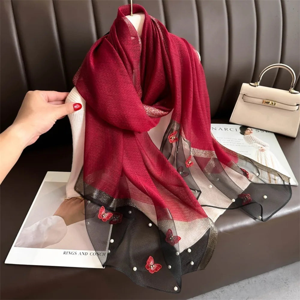 Headkerchief Thin Silk Scarf Pearl Foulard Butterfly Embroidery Scarf Wraps Large Women Hijab Shawls Spring and Autumn