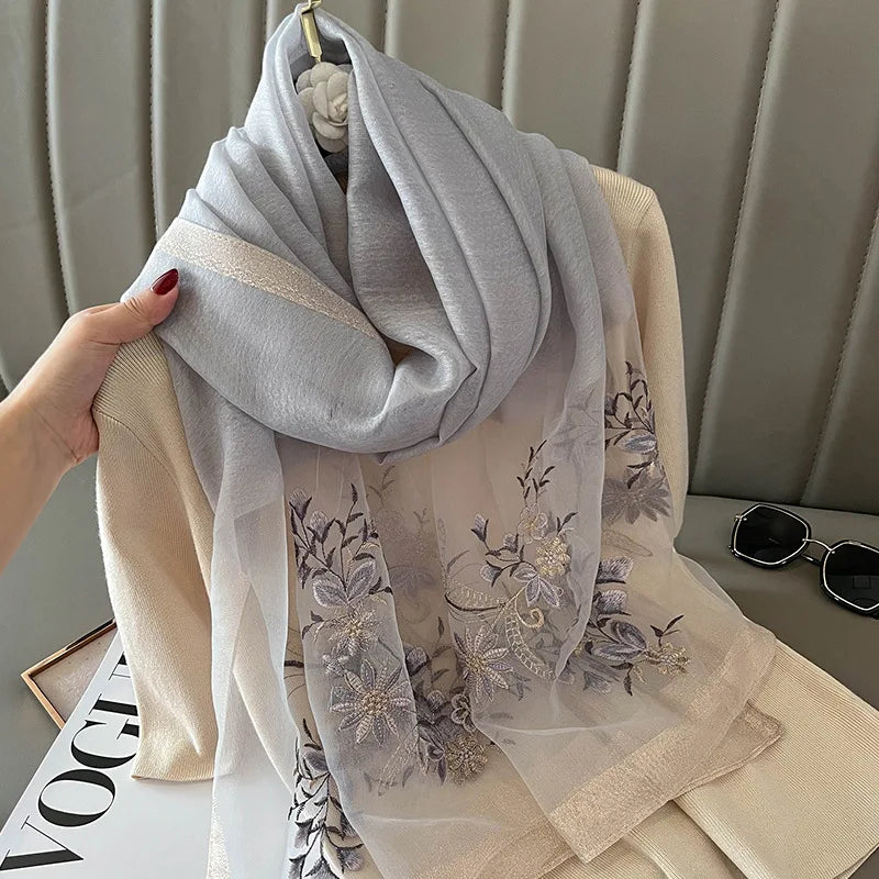 Luxury Brand Silk Wool Women Scarf Embroidery Shawl and Wraps Foulard Female Hijab Bandana scarves for lady flowers beach stoles