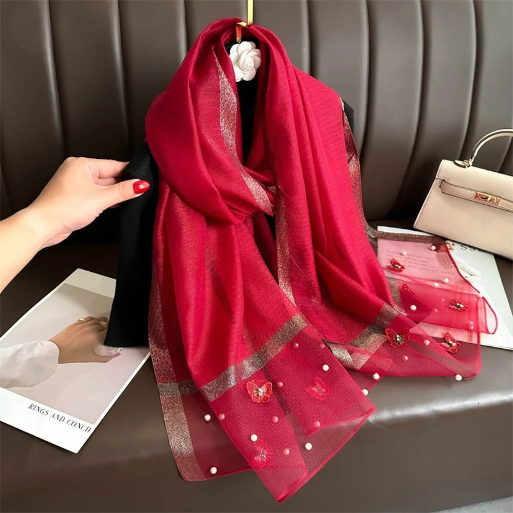 Headkerchief Thin Silk Scarf Pearl Foulard Butterfly Embroidery Scarf Wraps Large Women Hijab Shawls Spring and Autumn