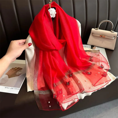 Headkerchief Thin Silk Scarf Pearl Foulard Butterfly Embroidery Scarf Wraps Large Women Hijab Shawls Spring and Autumn