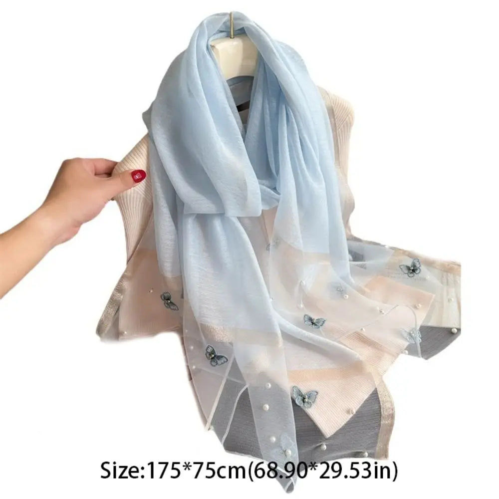 Headkerchief Thin Silk Scarf Pearl Foulard Butterfly Embroidery Scarf Wraps Large Women Hijab Shawls Spring and Autumn