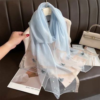 Headkerchief Thin Silk Scarf Pearl Foulard Butterfly Embroidery Scarf Wraps Large Women Hijab Shawls Spring and Autumn