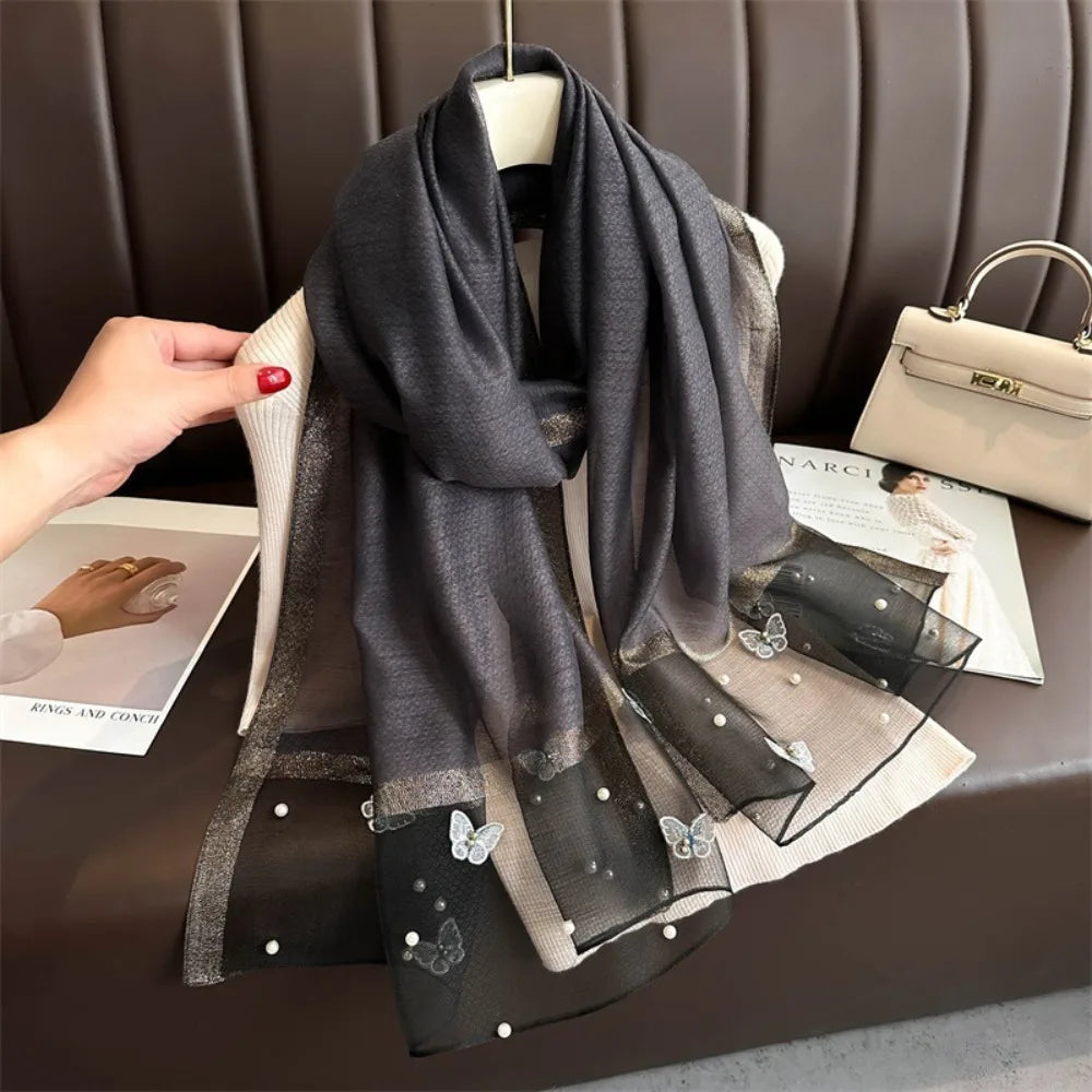 Headkerchief Thin Silk Scarf Pearl Foulard Butterfly Embroidery Scarf Wraps Large Women Hijab Shawls Spring and Autumn