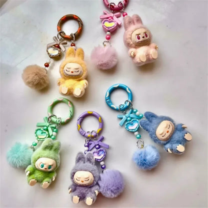 Labubu Mini Plush Keychain with Fluffy Ball