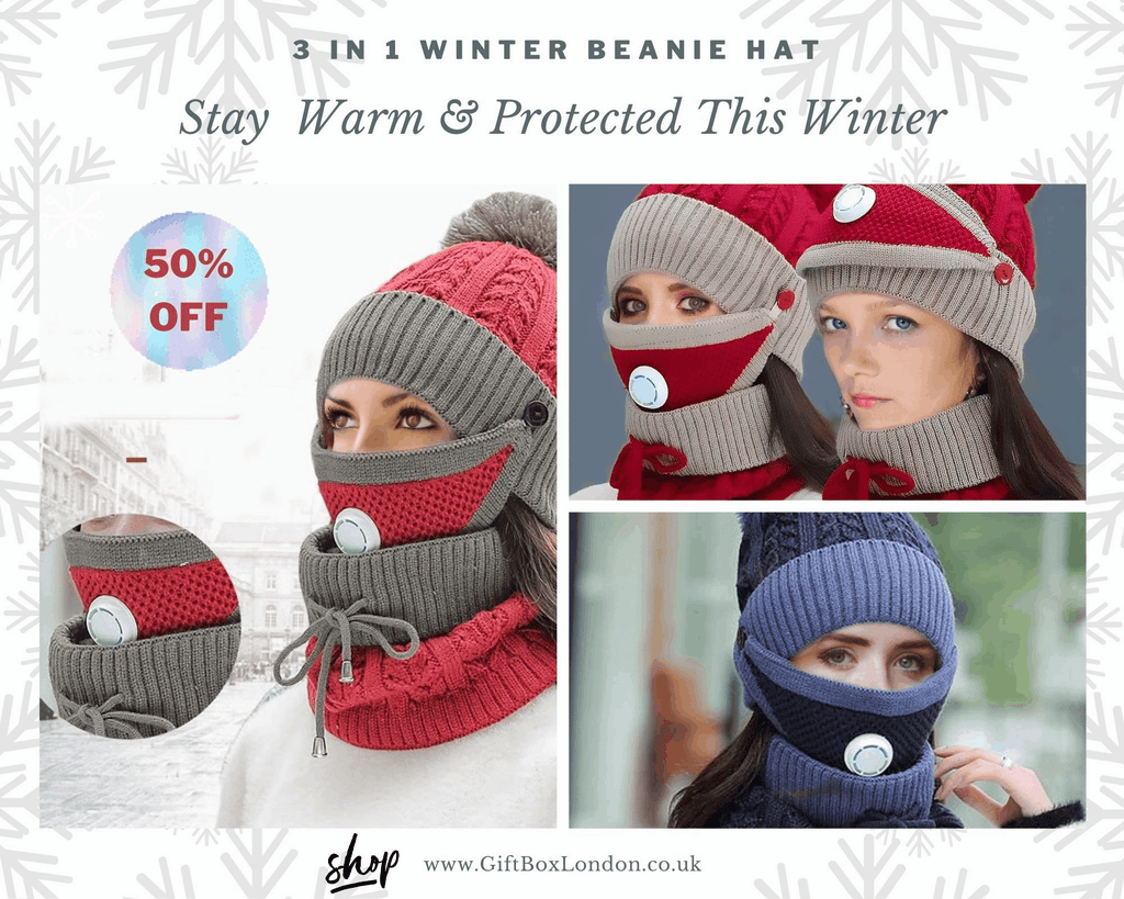 3 In 1 Winter Beanie Hat with Filter Mouth Cover and Neck Warmer