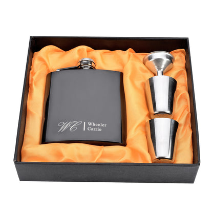 Personalized Engraved 6 oz Black Hip Flask Set