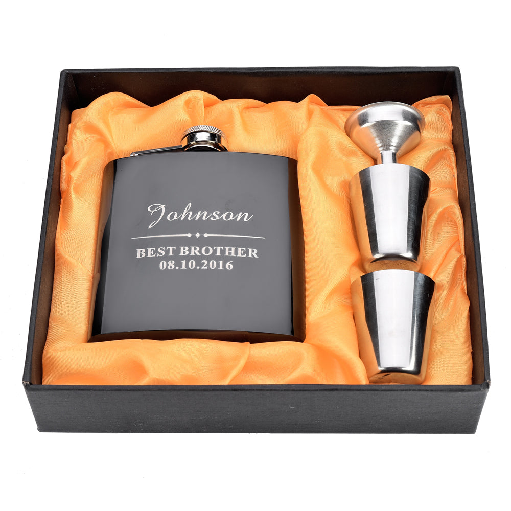 Personalized Engraved 6 oz Black Hip Flask Set