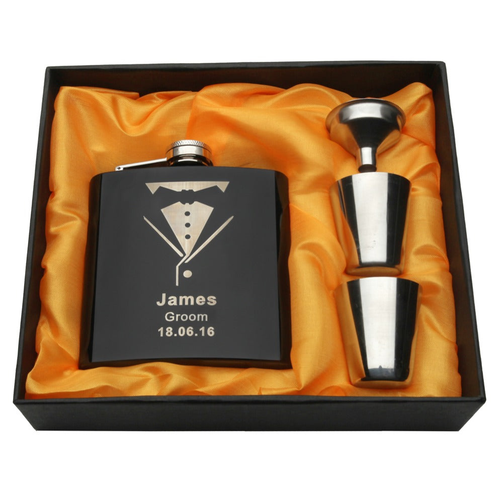 Personalized Engraved 6 oz Black Hip Flask Set