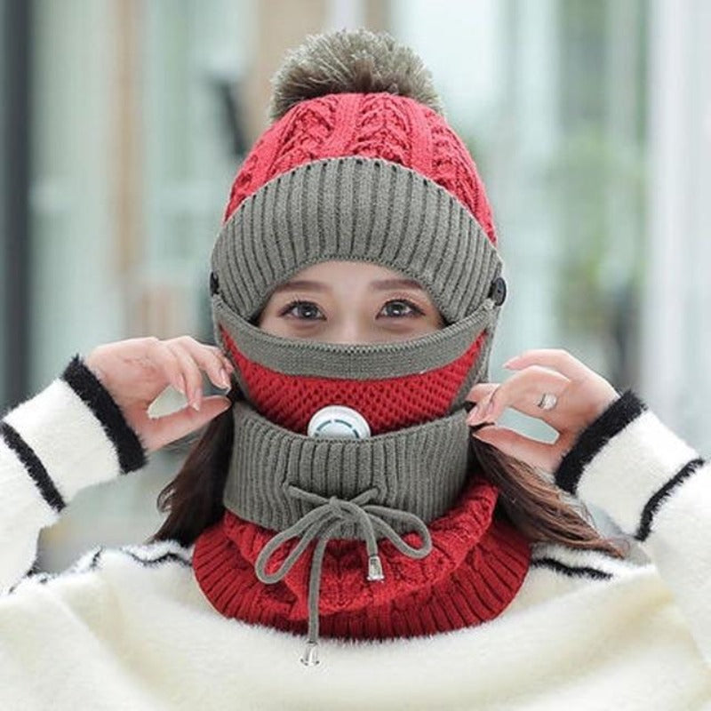 3 In 1 Winter Beanie Hat with Filter Mouth Cover and Neck Warmer