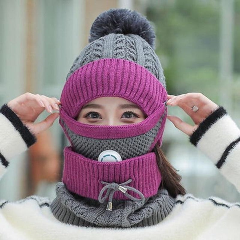 3 In 1 Winter Beanie Hat with Filter Mouth Cover and Neck Warmer