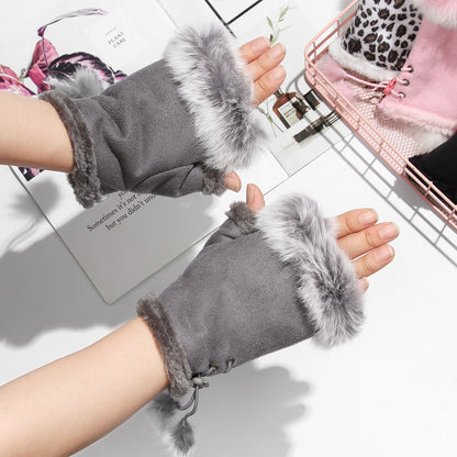 Fingerless Suede Gloves with Faux Rabbit Hair