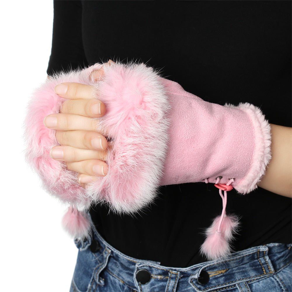 Fingerless Suede Gloves with Faux Rabbit Hair