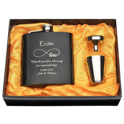 Personalized Engraved 6 oz Black Hip Flask Set