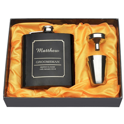 Personalized Engraved 6 oz Black Hip Flask Set