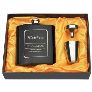 Personalized Engraved 6 oz Black Hip Flask Set