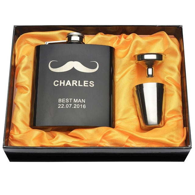 Personalized Engraved 6 oz Black Hip Flask Set