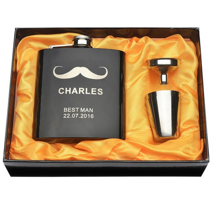 Personalized Engraved 6 oz Black Hip Flask Set