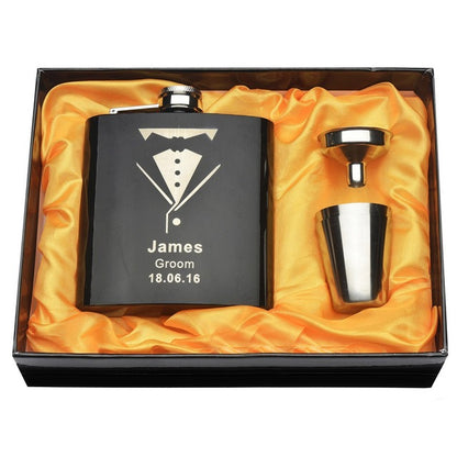 Personalized Engraved 6 oz Black Hip Flask Set