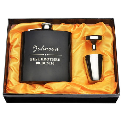 Personalized Engraved 6 oz Black Hip Flask Set