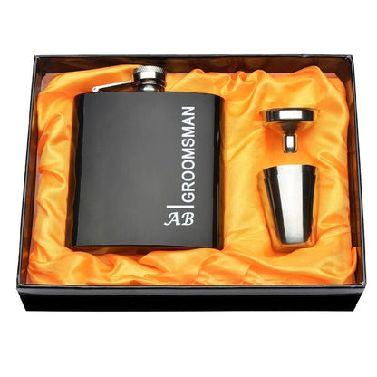 Personalized Engraved 6 oz Black Hip Flask Set