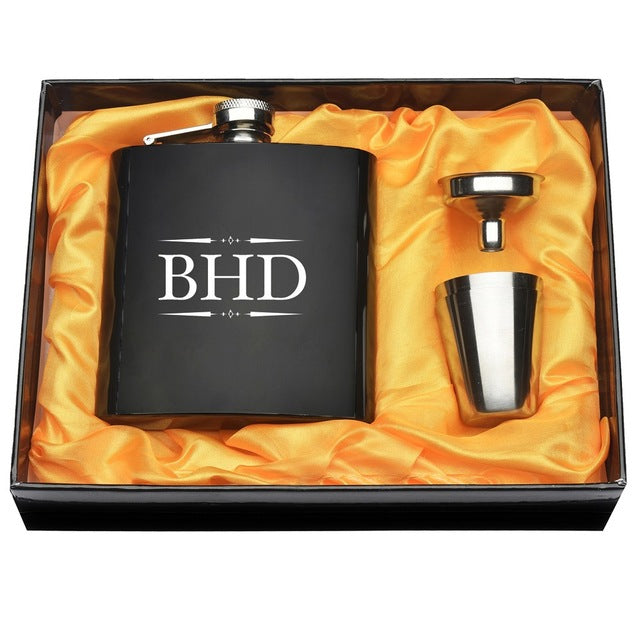 Personalized Engraved 6 oz Black Hip Flask Set