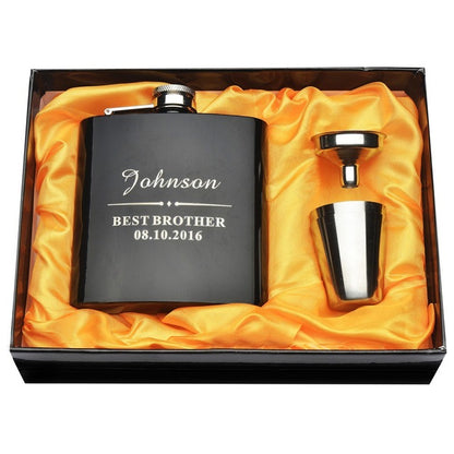 Personalized Engraved 6 oz Black Hip Flask Set