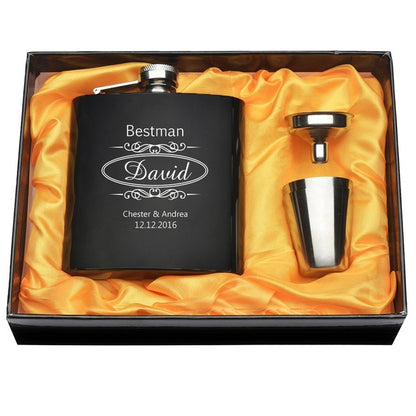 Personalized Engraved 6 oz Black Hip Flask Set