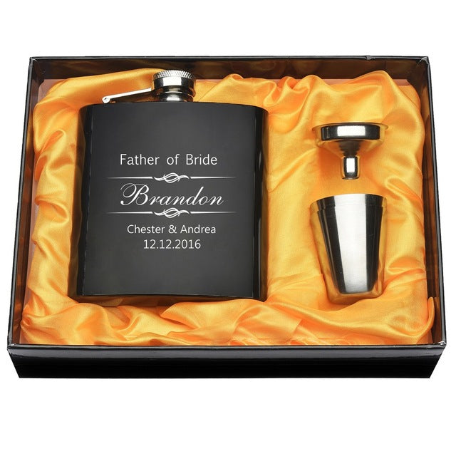 Personalized Engraved 6 oz Black Hip Flask Set