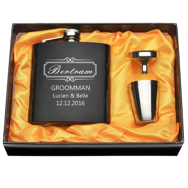 Personalized Engraved 6 oz Black Hip Flask Set