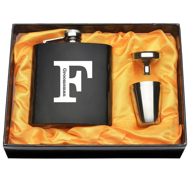 Personalized Engraved 6 oz Black Hip Flask Set