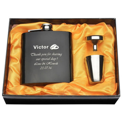 Personalized Engraved 6 oz Black Hip Flask Set