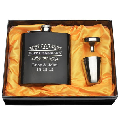 Personalized Engraved 6 oz Black Hip Flask Set