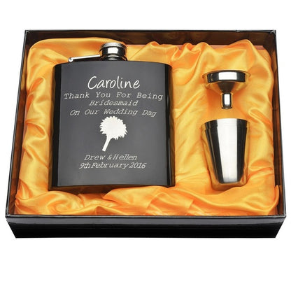 Personalized Engraved 6 oz Black Hip Flask Set