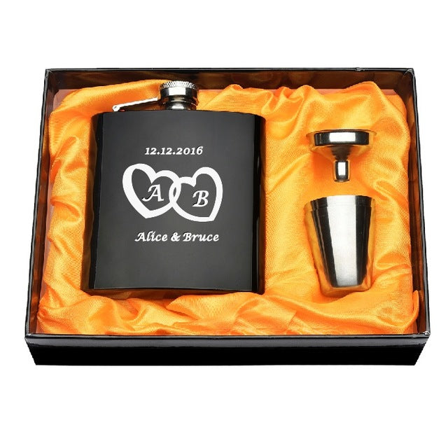 Personalized Engraved 6 oz Black Hip Flask Set