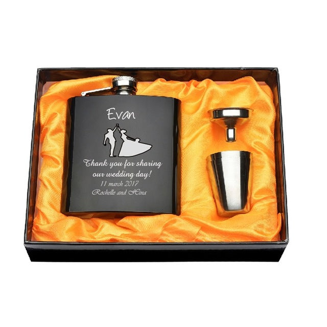 Personalized Engraved 6 oz Black Hip Flask Set