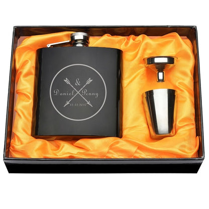 Personalized Engraved 6 oz Black Hip Flask Set