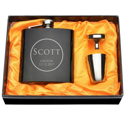 Personalized Engraved 6 oz Black Hip Flask Set