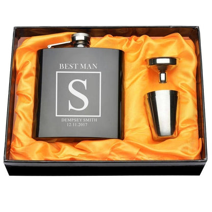 Personalized Engraved 6 oz Black Hip Flask Set