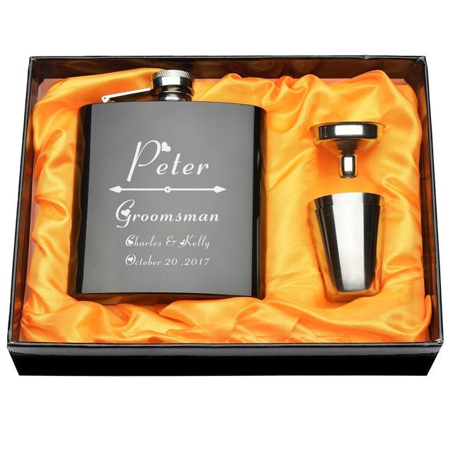 Personalized Engraved 6 oz Black Hip Flask Set