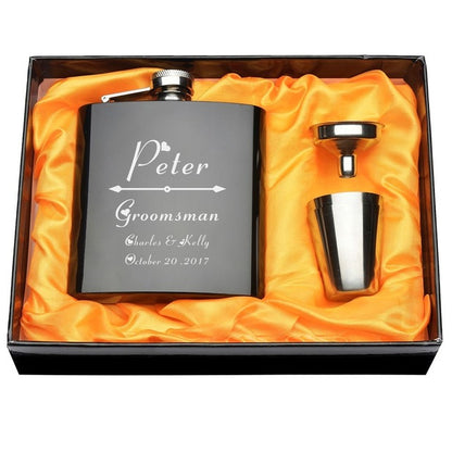 Personalized Engraved 6 oz Black Hip Flask Set