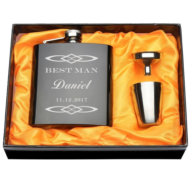 Personalized Engraved 6 oz Black Hip Flask Set